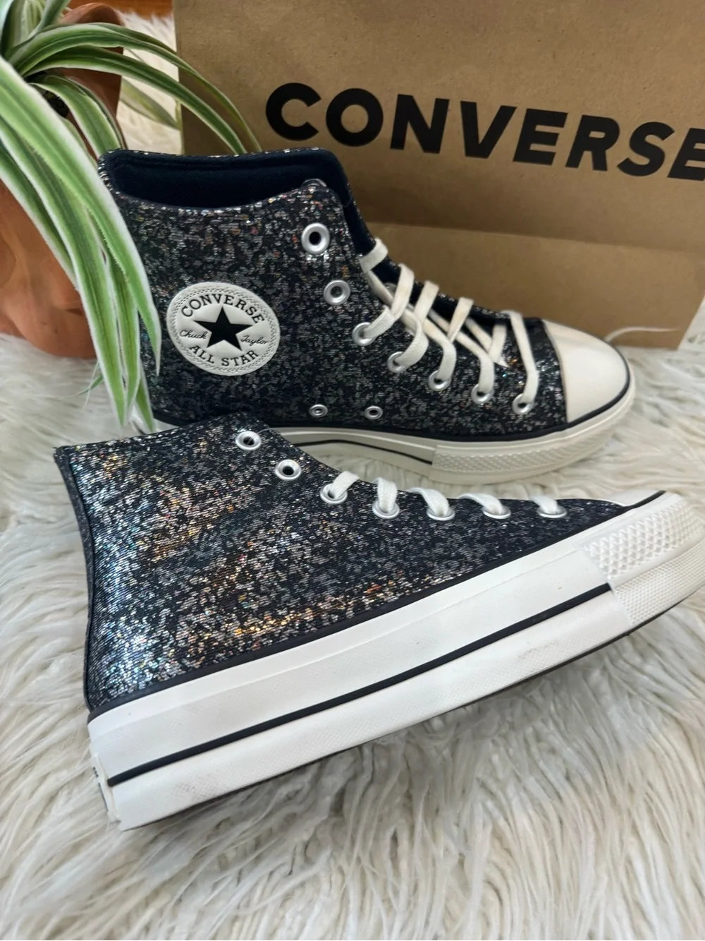 New🌿Converse High Top Sneakers in Black Glitter Multicolor Sparkle